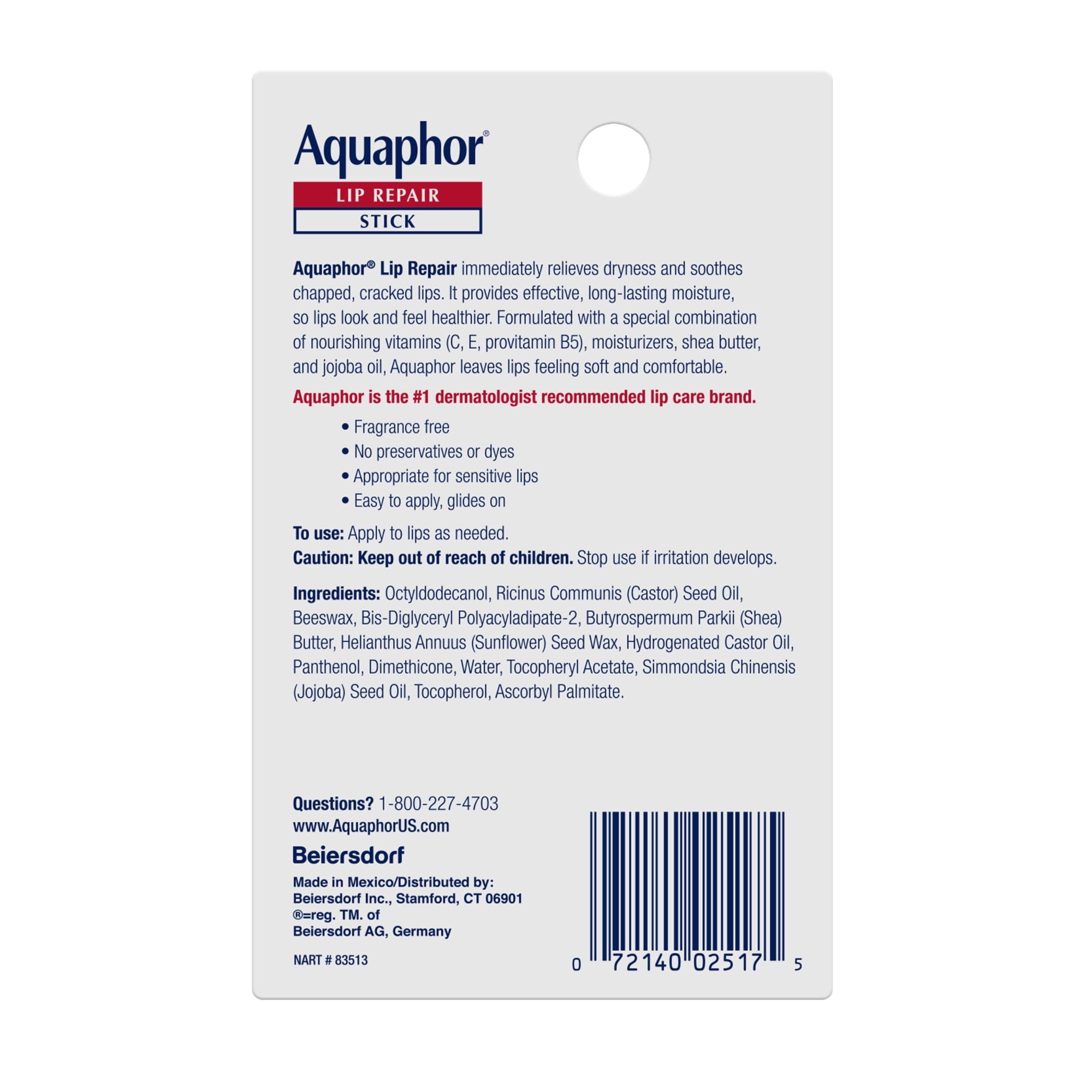 Aquaphor Lip Repair Balm Stick for Dry Chapped Lips with Shea Butter, 0.17 oz, 2 Pack